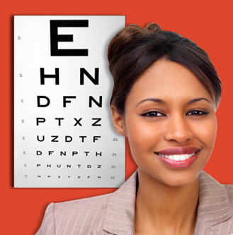 Woman in front of eye chart